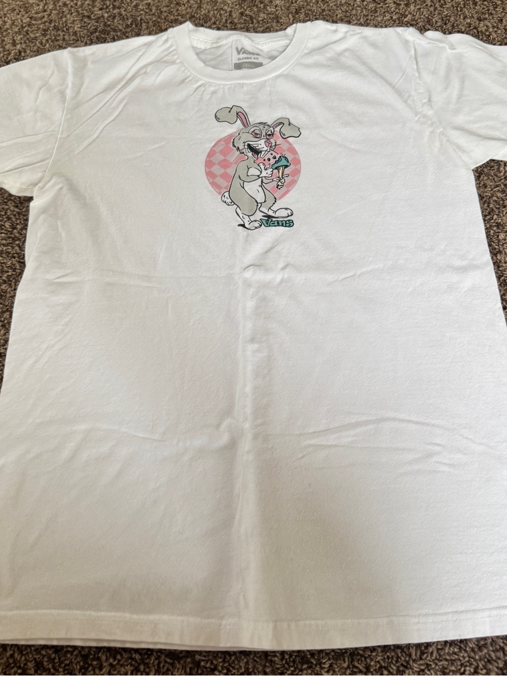 Vans White Short Sleeve Tee with Pink Bunny Graphic
